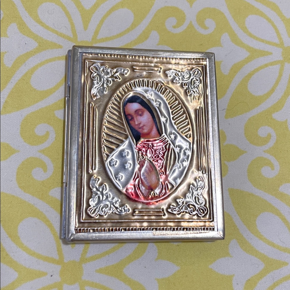 2/$20 Small Virgin Mary Pocket Mirror Compact Gold & Silver Embossed Accents EUC